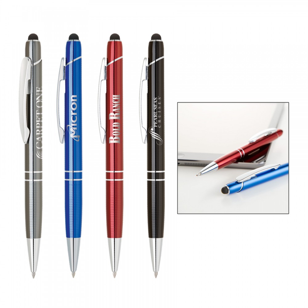 Custom Imprinted Sleek anodize color aluminum ballpoint pen with capacitive stylus.