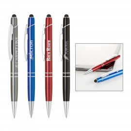 Custom Imprinted Sleek anodize color aluminum ballpoint pen with capacitive stylus.