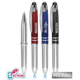 Logo Branded Union Printed, Silver - Dazzling - Metal LED Flashlight Stylus Pen