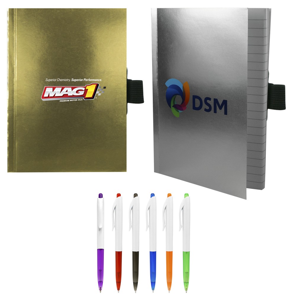 5" x 7" Perfect Metallic Cover Notebook with Pen Custom Imprinted 5" x 7" Perfect Metallic Cover Notebook with Pen Custom Imprinted