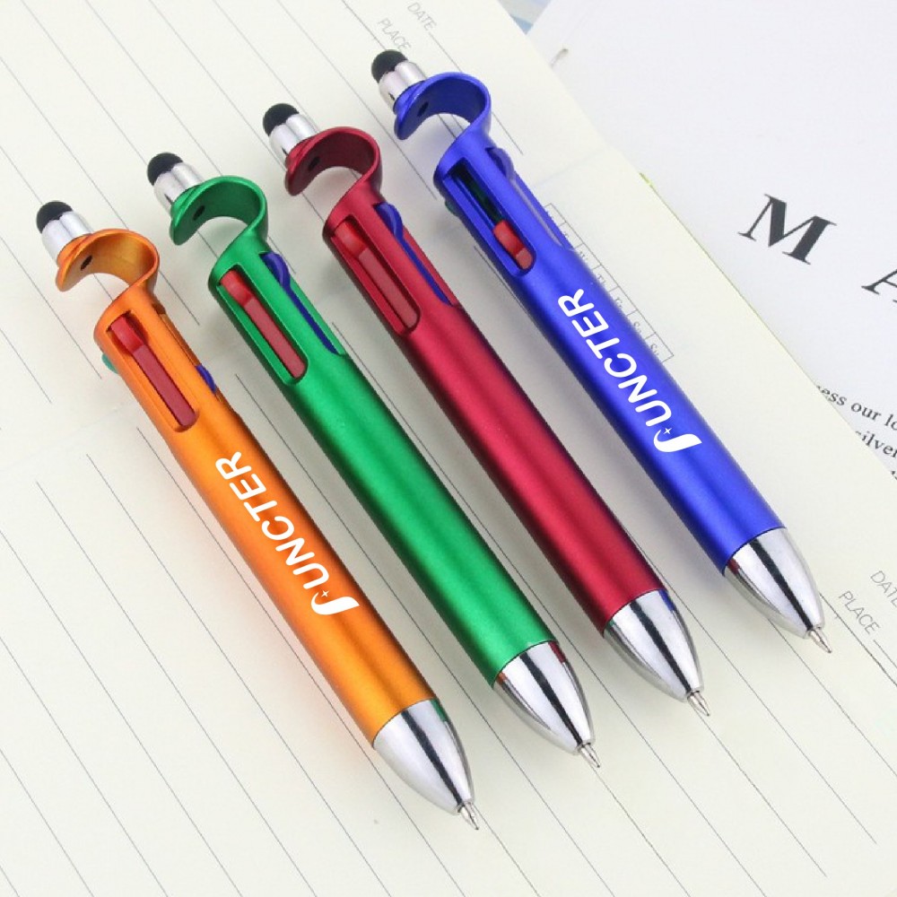 4-Color Stylus Retractable Ballpoint Pen Phone Holder Pen Custom Engraved