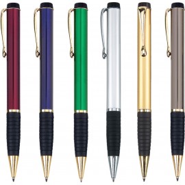 Custom Imprinted MYSA II Series blue color ball point pen - brass metal barrel, gold trim, with rubber grip  Custom Imprinted MYSA II Series blue color ball point pen - brass metal barrel, gold trim, with rubber grip