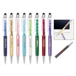 Elegant brass stylus pen with matching crystals and barrel colors. Logo Branded