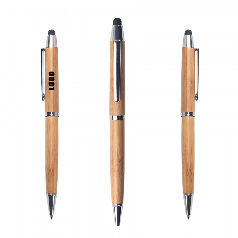 Logo Branded Twisted Action Bamboo Pen With Stylus