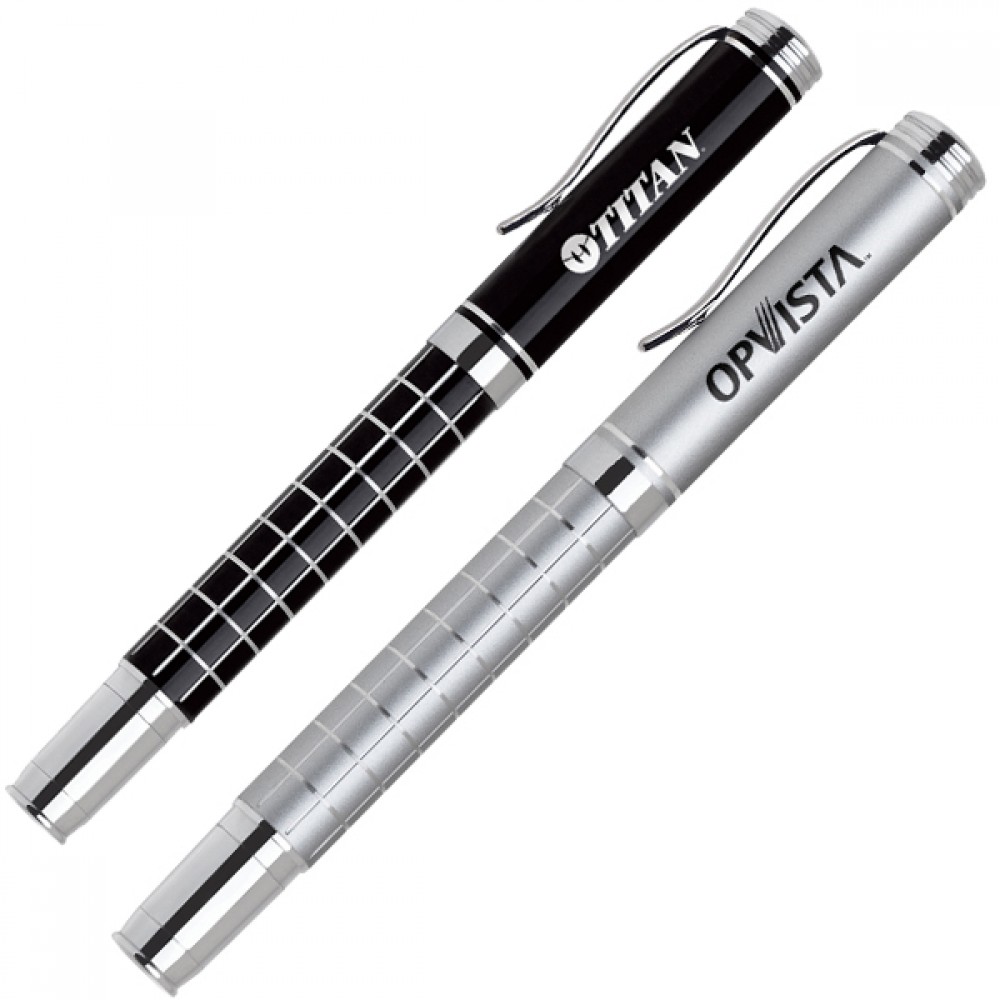 Aluminum Rollerball Pen w/ Refined Grid Barrel & Chrome Accents Logo Branded Aluminum Rollerball Pen w/ Refined Grid Barrel & Chrome Accents Logo Branded