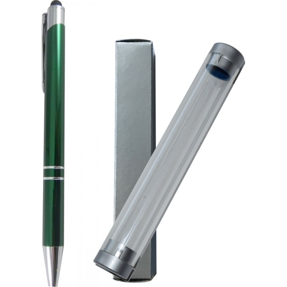 Logo Branded JJ Series Green Double Ring Pen with Stylus, green pen, stylus pen, in clear tube gift box Logo Branded JJ Series Green Double Ring Pen with Stylus, green pen, stylus pen, in clear tube gift box