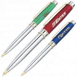 Logo Branded Elegant Designed Twist Action Ballpoint Pen w/ Chrome Barrel & Gold Accents  Logo Branded Elegant Designed Twist Action Ballpoint Pen w/ Chrome Barrel & Gold Accents