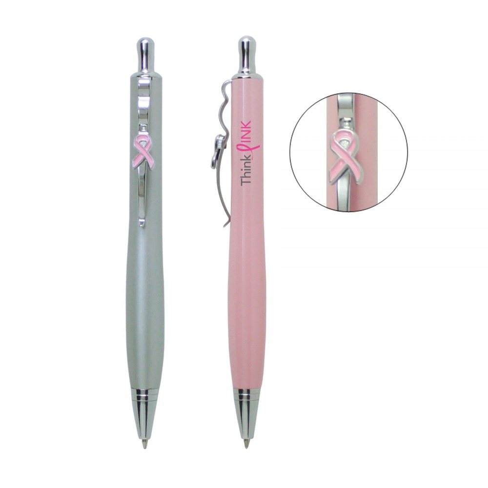 Pink Metal Pen with Ribbon Clip. Perfect to promote breast cancer. Custom Imprinted