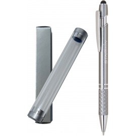 Custom Imprinted Stylus Pro Series, silver stylus pen with chrome trim, diamond cut grip, in clear tube gift box