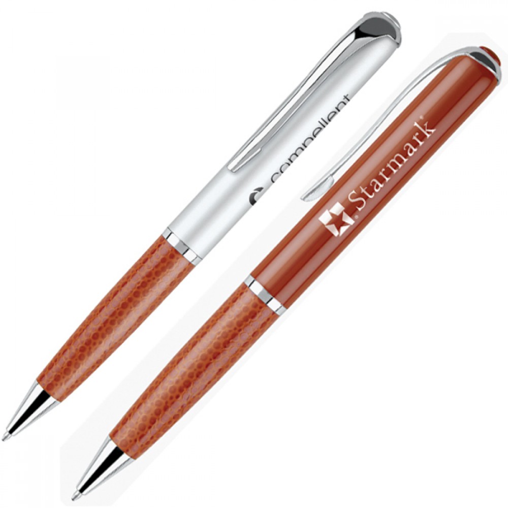 Twist Action Ballpoint Pen w/ Leatherette Barrel & Chrome Accents (OUTDATED) Custom Imprinted