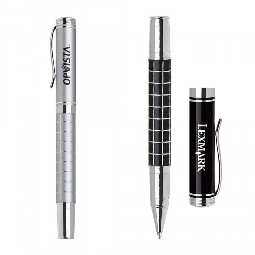 Logo Branded Metal Cap Off Rollerball Pen with Checkered Accent Logo Branded Metal Cap Off Rollerball Pen with Checkered Accent