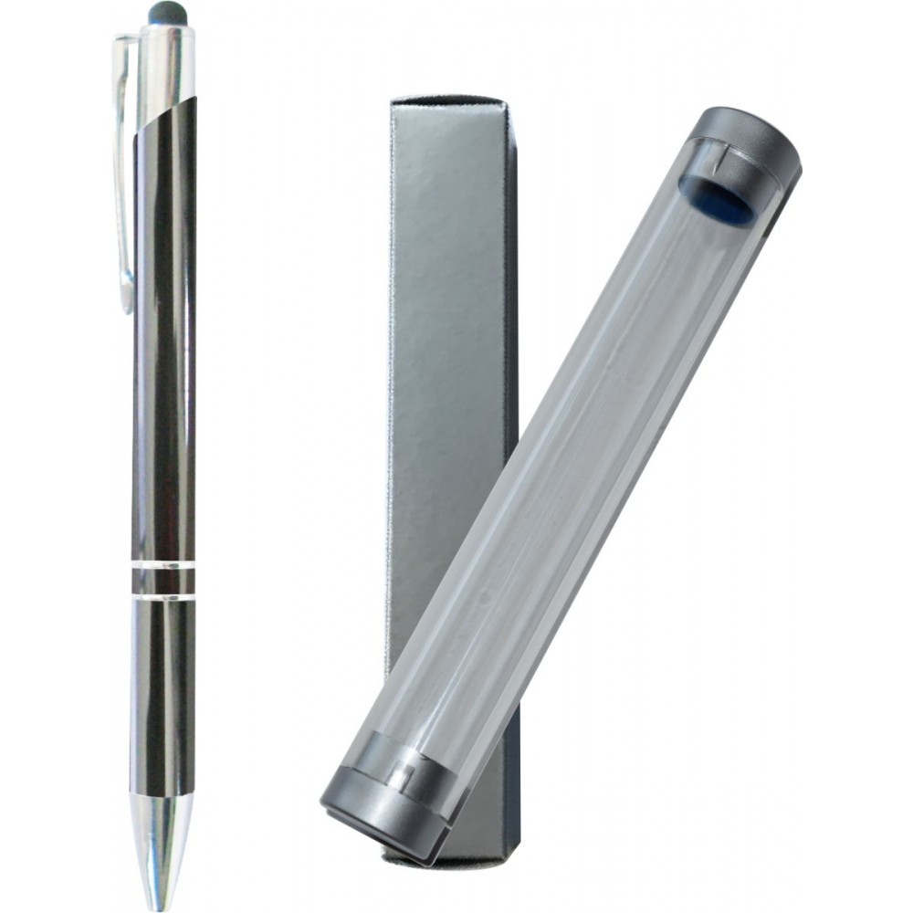 JJ Series Gunmetal Gray Double Ring Pen with Stylus, gunmeta pen, stylus pen, in clear tube gift box Custom Imprinted