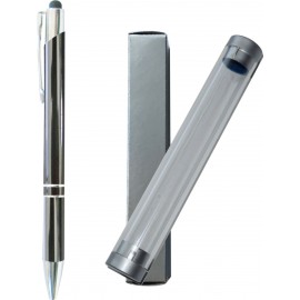 JJ Series Gunmetal Gray Double Ring Pen with Stylus, gunmeta pen, stylus pen, in clear tube gift box Logo Branded  JJ Series Gunmetal Gray Double Ring Pen with Stylus, gunmeta pen, stylus pen, in clear tube gift box Logo Branded
