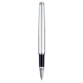 Custom Imprinted Satin Silver Solid Brass Barrel Roller Ball Pen w/ Chrome Accent