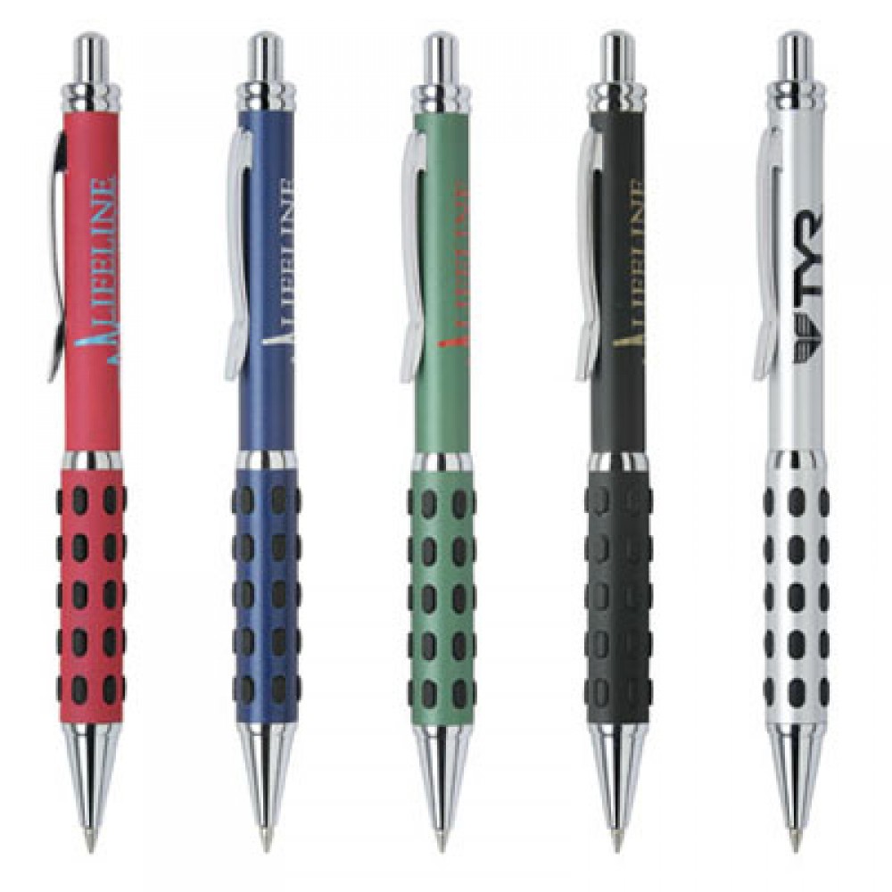 Custom Imprinted Metal Click Action Ballpoint Pen with Dotted Rubber Grip