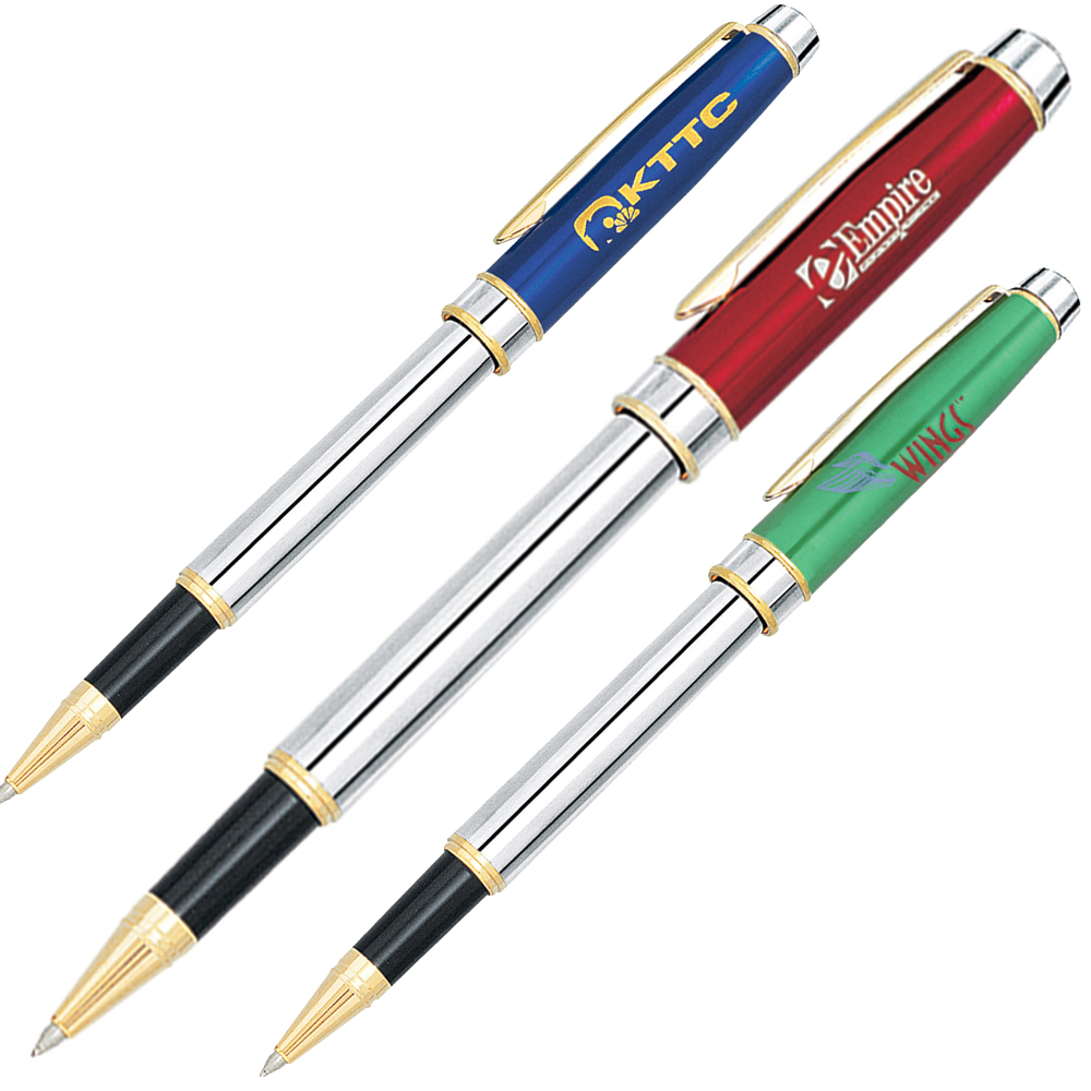 Logo Branded Elegant Designed Cap Off Rollerball Pen w/ Chrome Barrel & Gold Accents Logo Branded Elegant Designed Cap Off Rollerball Pen w/ Chrome Barrel & Gold Accents