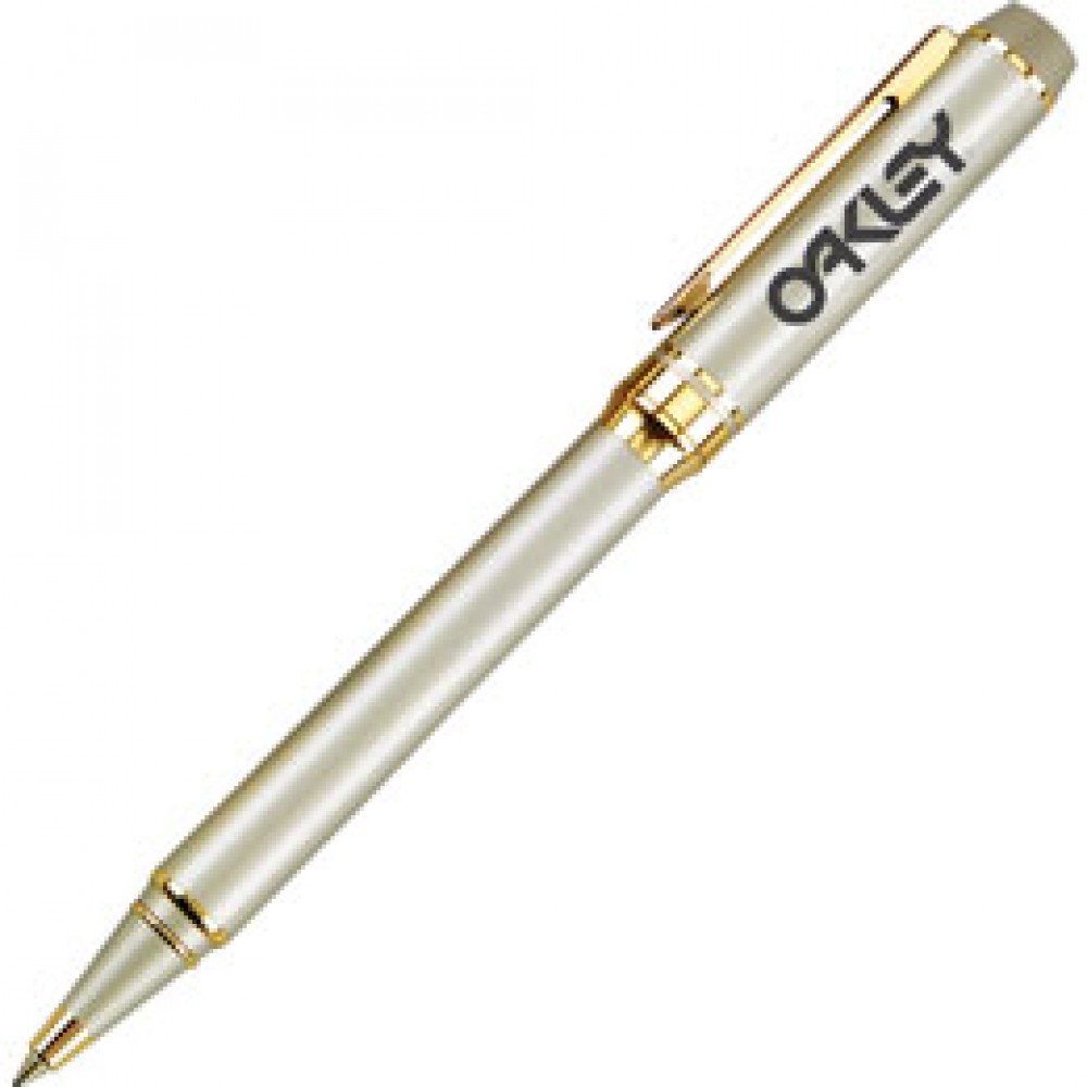 Logo Branded Satin Nickel Solid Brass Barrel Ballpoint Pen w/ Gold Trim Logo Branded Satin Nickel Solid Brass Barrel Ballpoint Pen w/ Gold Trim