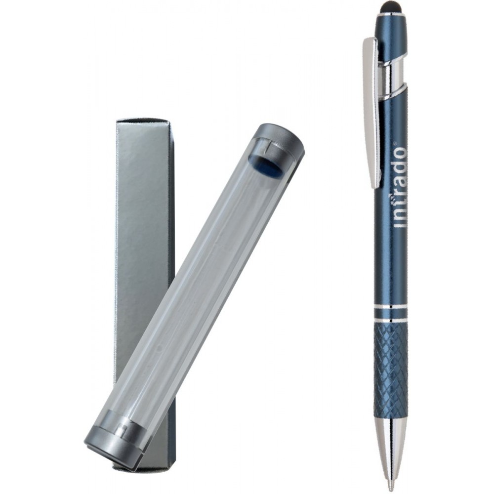Stylus Pro Series, Blue stylus pen with chrome trim, diamond cut grip, in clear tube gift box Logo Branded