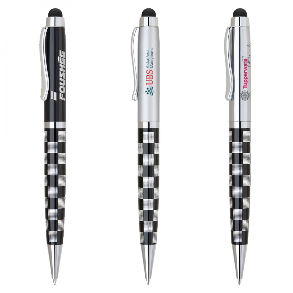 Heavyweight Twist Action Stylus Ballpoint Pen w/ Checkered Design Custom Engraved Heavyweight Twist Action Stylus Ballpoint Pen w/ Checkered Design Custom Engraved