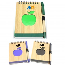 Spiral Notepad w/ Button Pen&Bamboo Cover Logo Branded