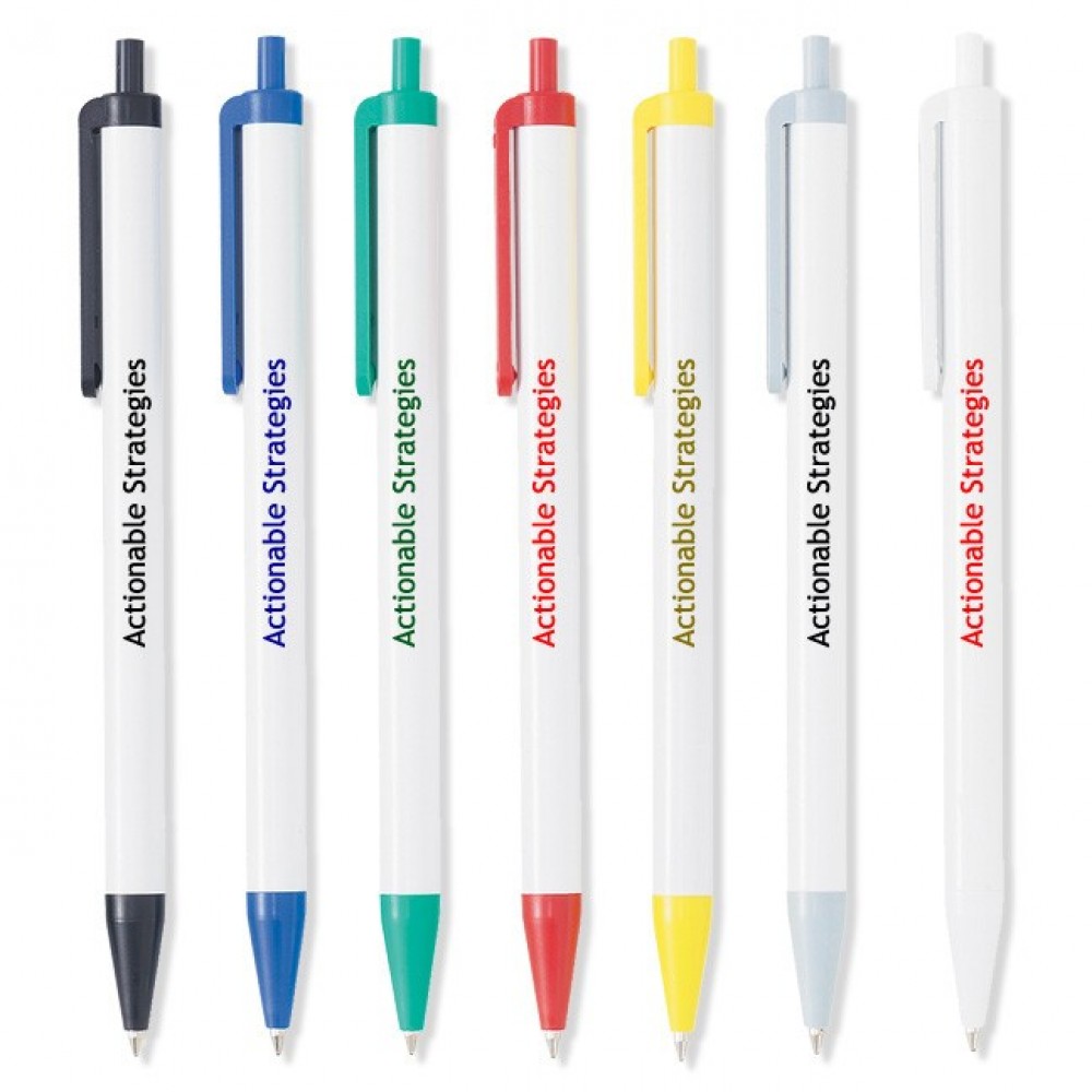 USA Retractable Click Stick Pen w/White Barrel w/ Colored Trim Logo Branded USA Retractable Click Stick Pen w/White Barrel w/ Colored Trim Logo Branded