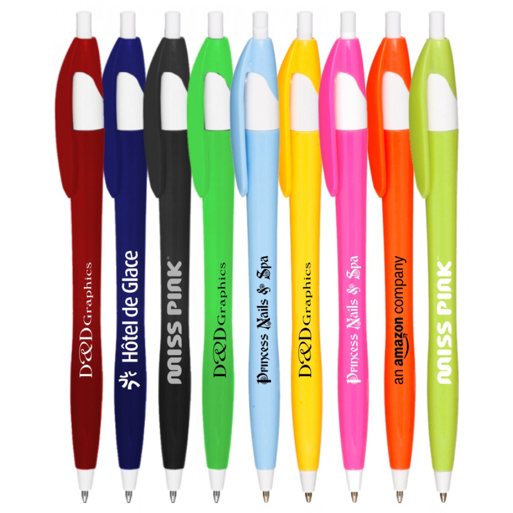 "Elegant" Colored Click Pen - Colored Barrel w/ White Trim Logo Branded