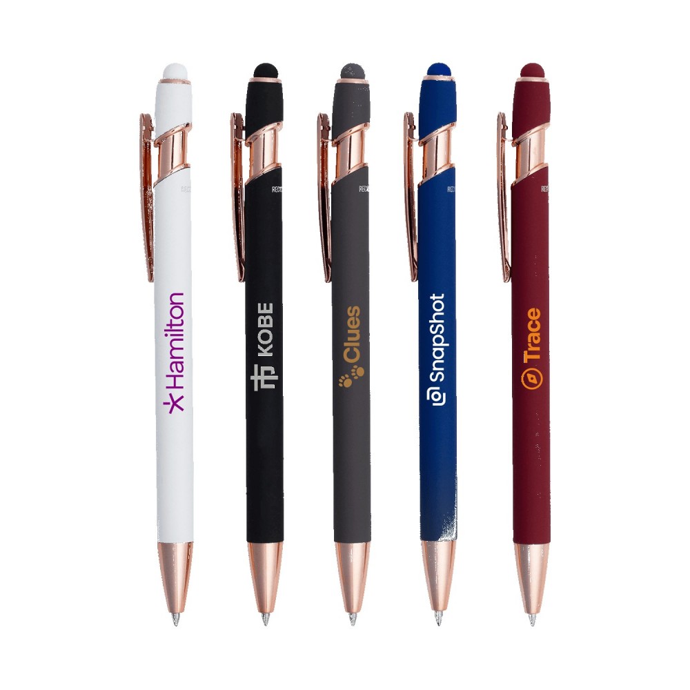 Logo Branded Lexi Stylus Satin Soft Touch Gel Click Pen - Rose Gold (Recycled Aluminum)