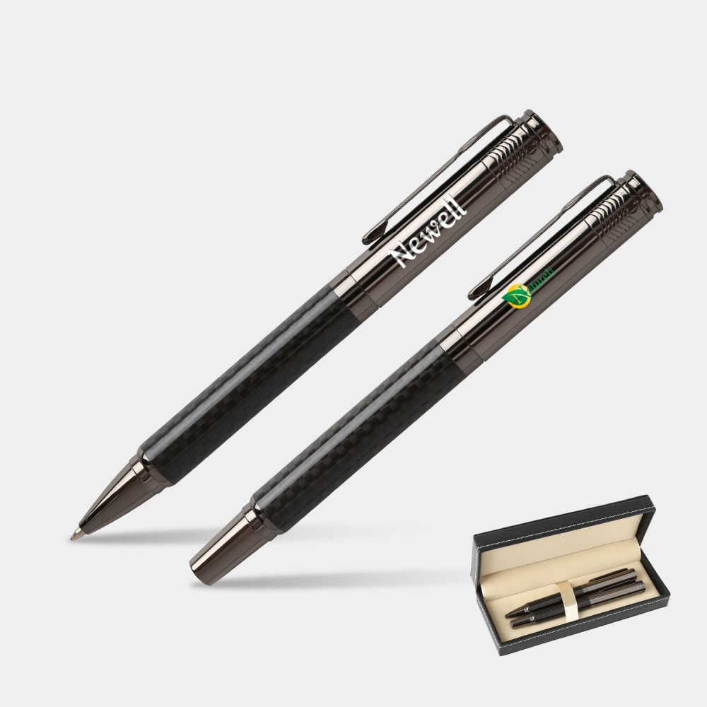 Custom Imprinted TiTUS Metal Carbon Fiber Pen Set  Ballpoint & Rollerball Duo with Gift Box
