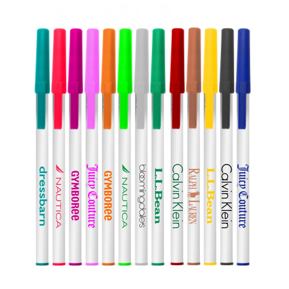 Union Printed - White Basic Stick Pens with Colored Caps and 1-Color Logo Custom Engraved