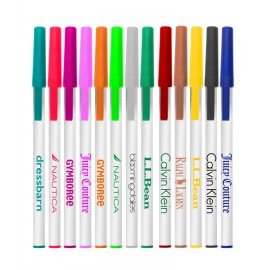 Union Printed - White Basic Stick Pens with Colored Caps and 1-Color Logo Custom Engraved