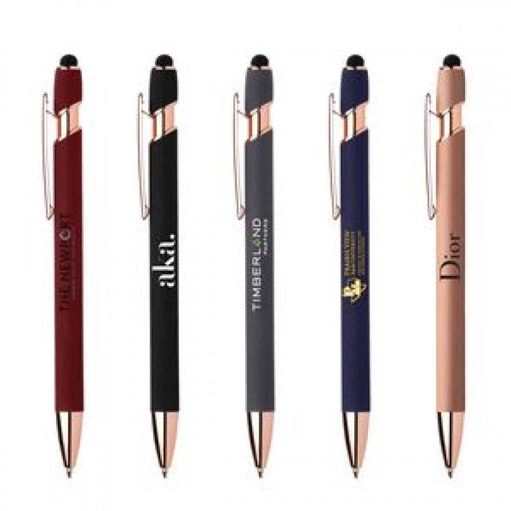 Custom Imprinted Stylus-4562 Ballpoint Soft Touch Pens with Rose Gold Trims