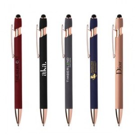 Custom Imprinted Stylus-4562 Ballpoint Soft Touch Pens with Rose Gold Trims