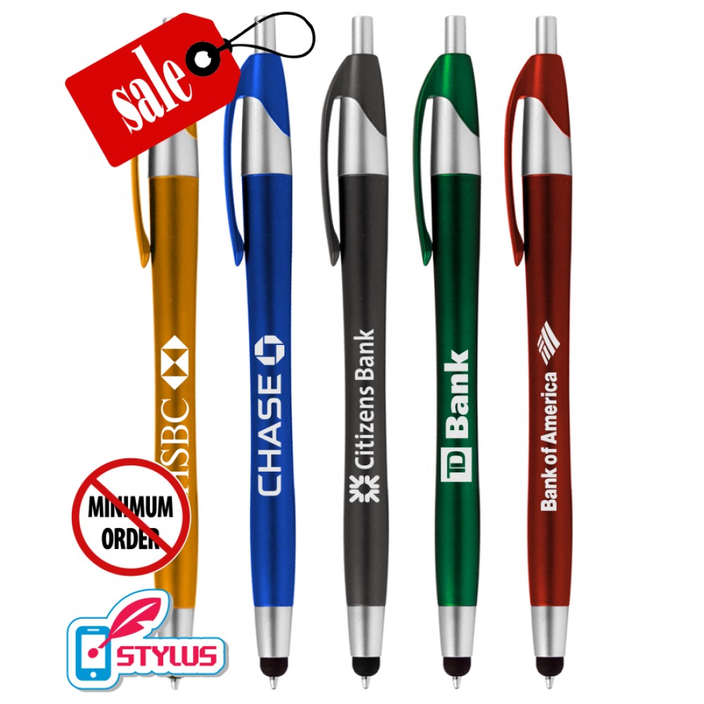 Custom Imprinted Closeout Metallic Colored "Elegant" Stylus Click Pen - No Minimum