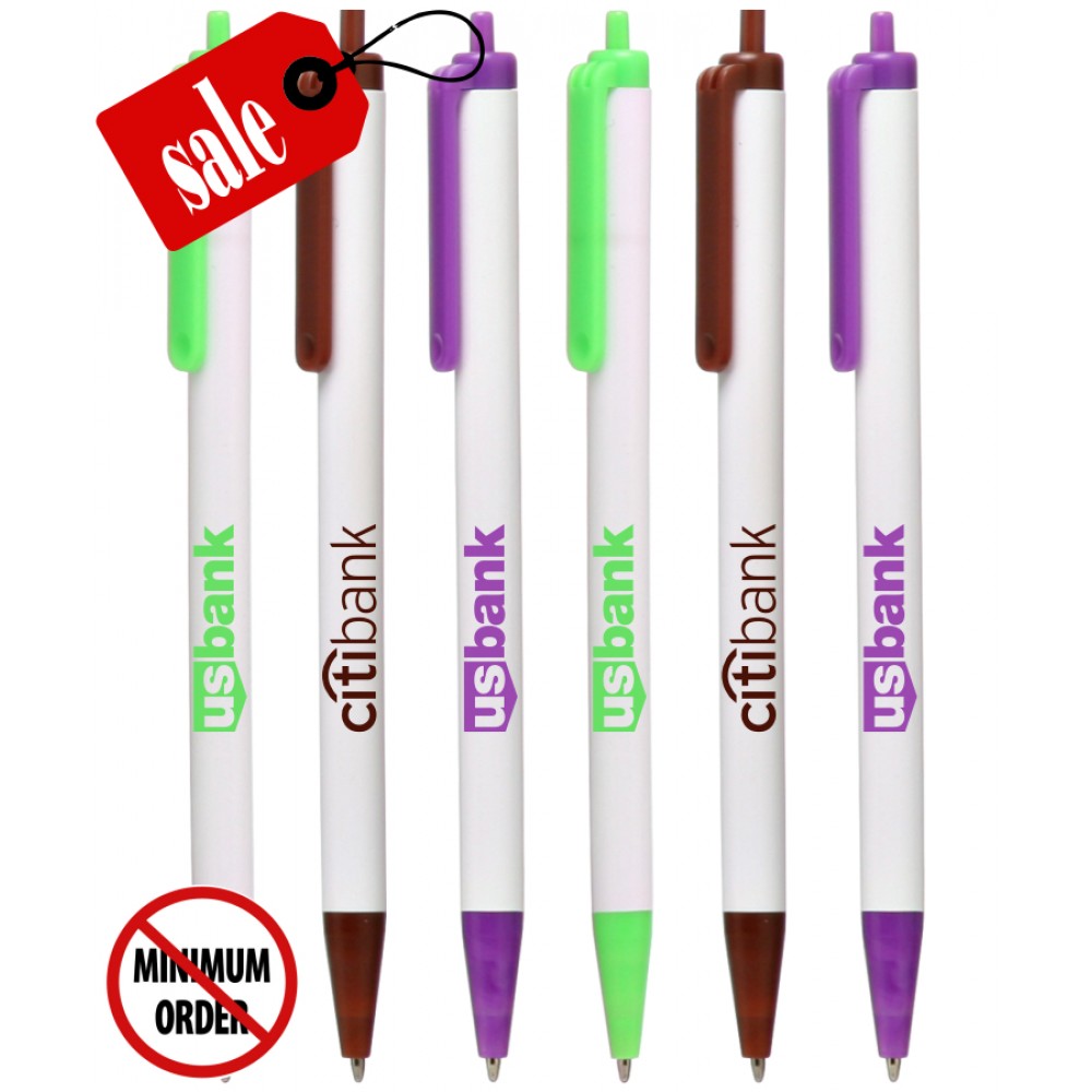 Logo Branded USA Made "Bank" Ballpoint Click Pen - White Barrel w/ Colored Trim Logo Branded USA Made "Bank" Ballpoint Click Pen - White Barrel w/ Colored Trim