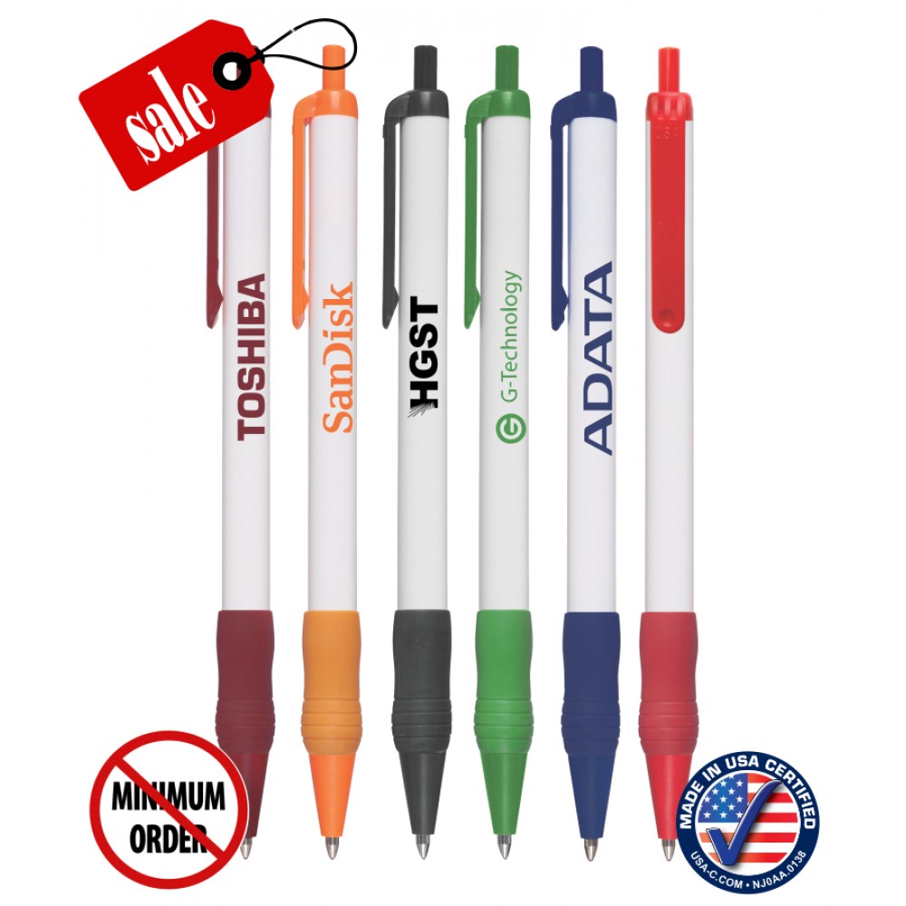 Custom Imprinted Closeout Certified USA Made - White Barrel Ballpoint Click Pen with Rubber Grip - 423a