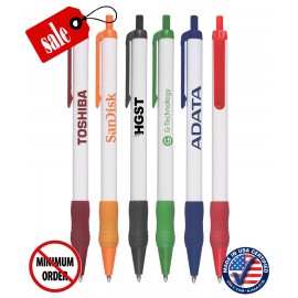 Closeout Certified USA Made - White Barrel Ballpoint Click Pen with Rubber Grip - 423a Custom Imprinted