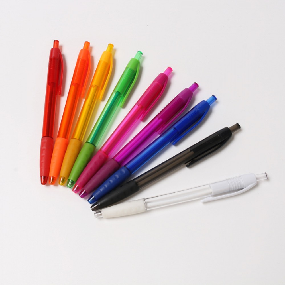 Custom Imprinted Plastic Translucent Click Action Ballpoint Pen With Rubber Grip Section