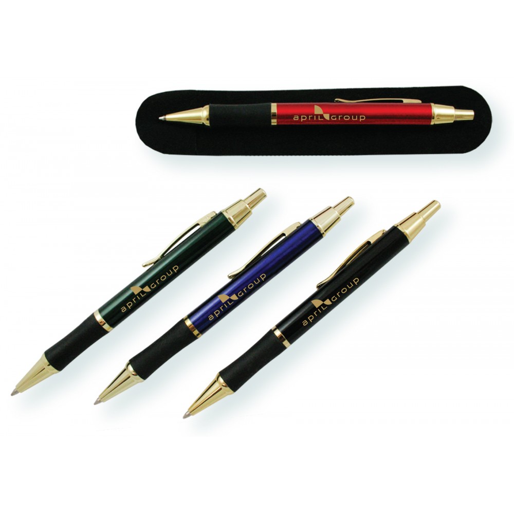 Logo Branded European Style Rubber Grip Metal Pen w/ Gold Accents