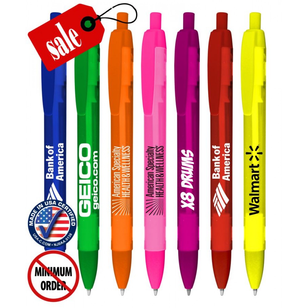 Logo Branded Closeout Frosted Colored Click Promo Pen - No Minimum - Certified USA Made Logo Branded Closeout Frosted Colored Click Promo Pen - No Minimum - Certified USA Made
