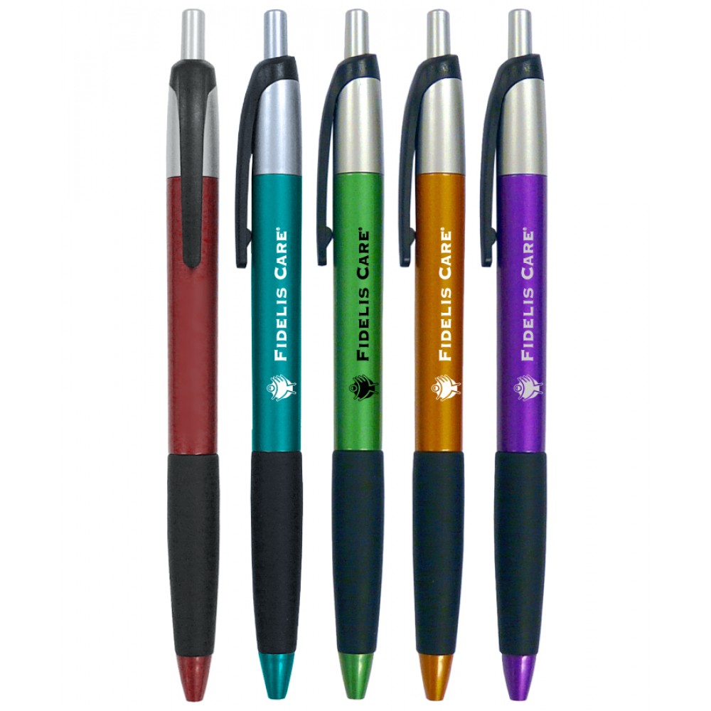 Union Printed "Serious" Colored Clicker Pen w/ Black Rubber Grip Custom Imprinted