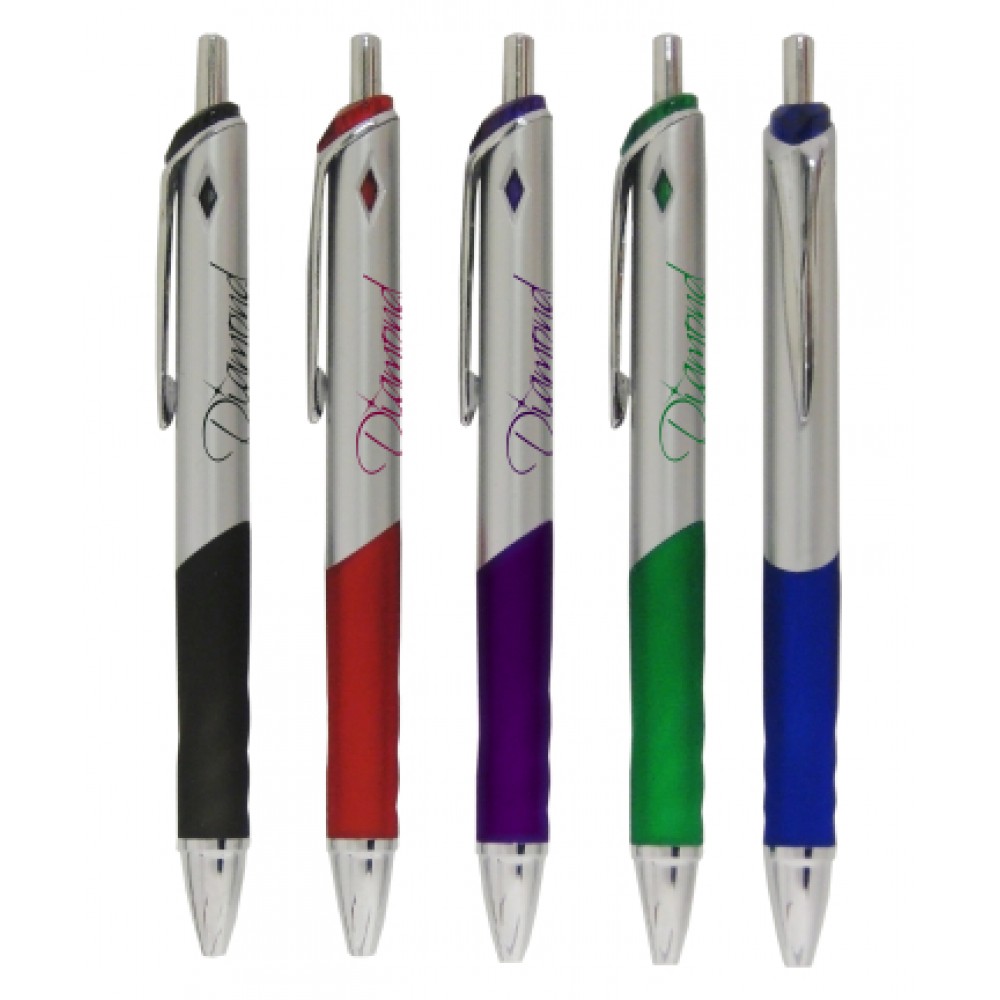 Union Printed "Diamond" Silver Barrels Click Pen w/ Colored Grip Logo Branded Union Printed "Diamond" Silver Barrels Click Pen w/ Colored Grip Logo Branded