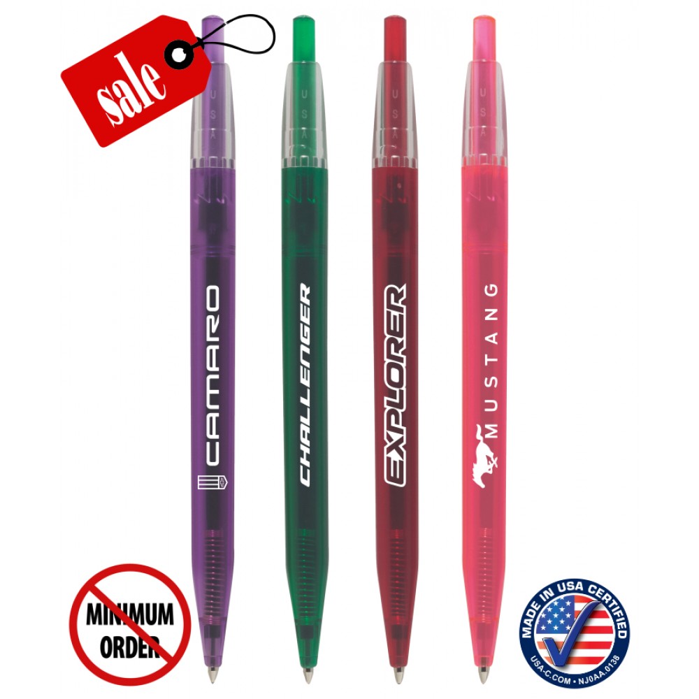 Closeout Certified USA Made - Clipless Bank - Ballpoint Click Pen - Frosted Barrel with Clear Trim Custom Imprinted