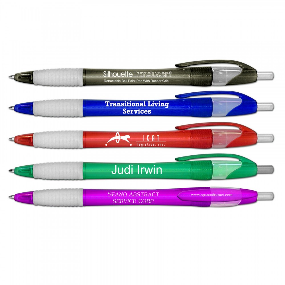 Logo Branded Liqui-Mark Silhouette Translucent Retractable Ballpoint Pen w/Clear Rubber Grip