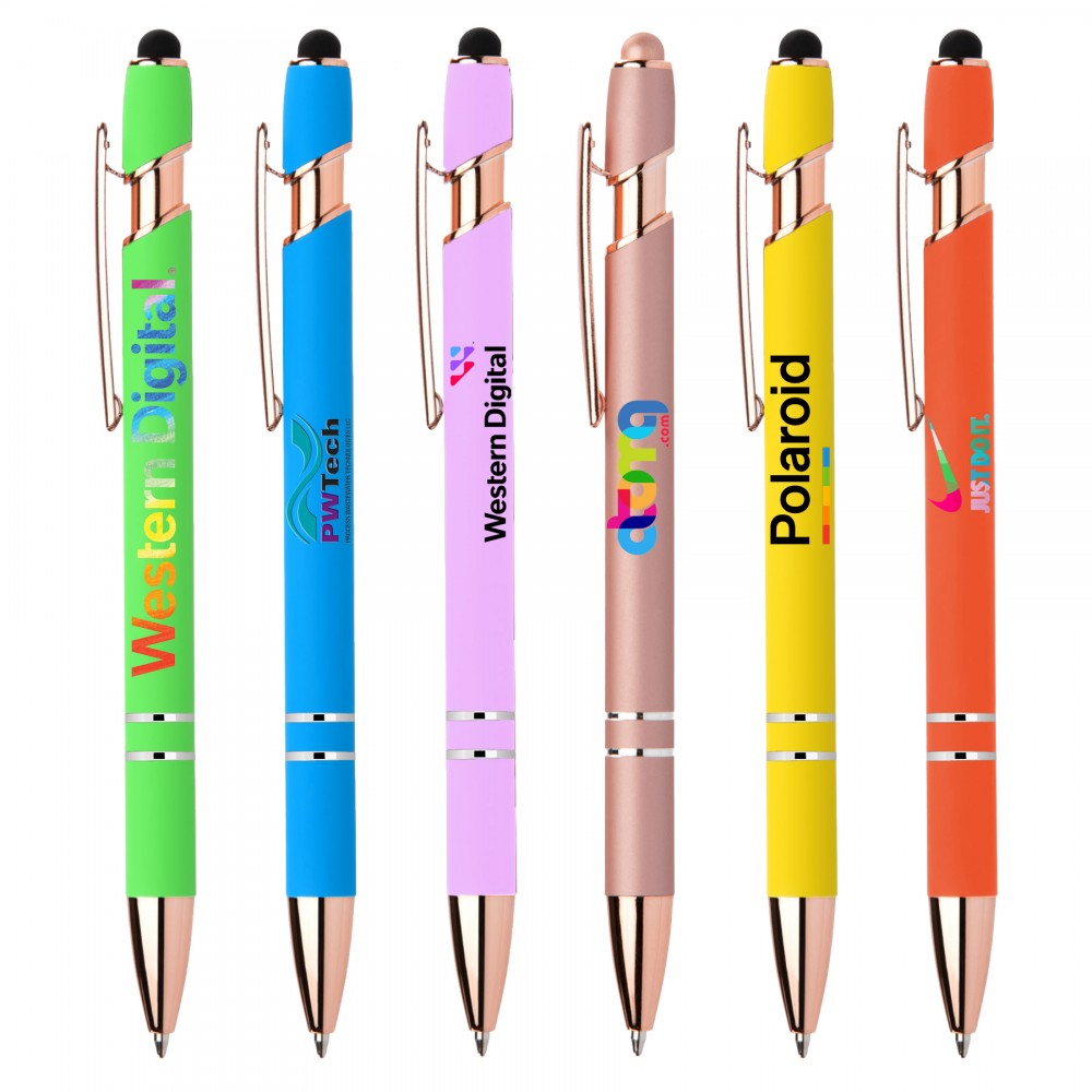 Stylus-3261 Bright Ballpoint Soft Touch Pens with Rose Gold Trims Custom Engraved