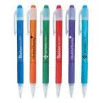 Logo Branded Closeout Trans Tender II - Ballpoint Clicker Pen with Clear Trim and Rubber Grip