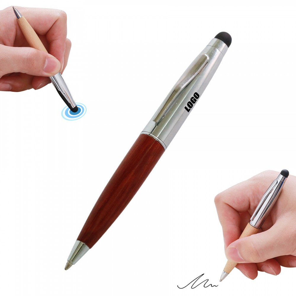 Custom Imprinted Twisted Action Nature Wood Pen With Stylus