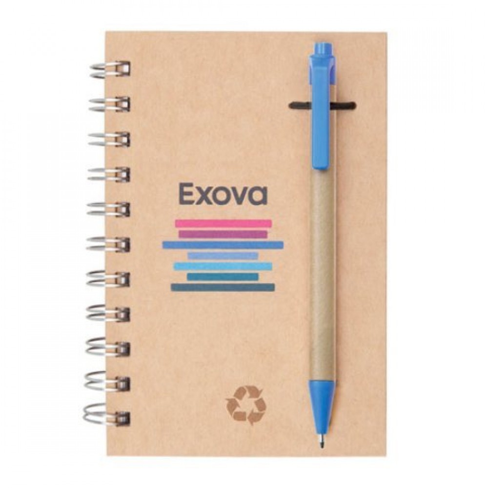 Recycled Notebook/Pen Combo - 4"x6" Blue Logo Branded Recycled Notebook/Pen Combo - 4"x6" Blue Logo Branded