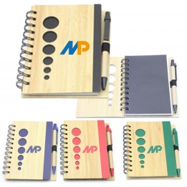 Spiral Notepad w/ Button Pen&Bamboo Cover Custom Imprinted