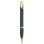 Logo Branded Ball Point Pen - Glossy Blue - Black Rubber Grip - Engraves Gold - Blue Ink