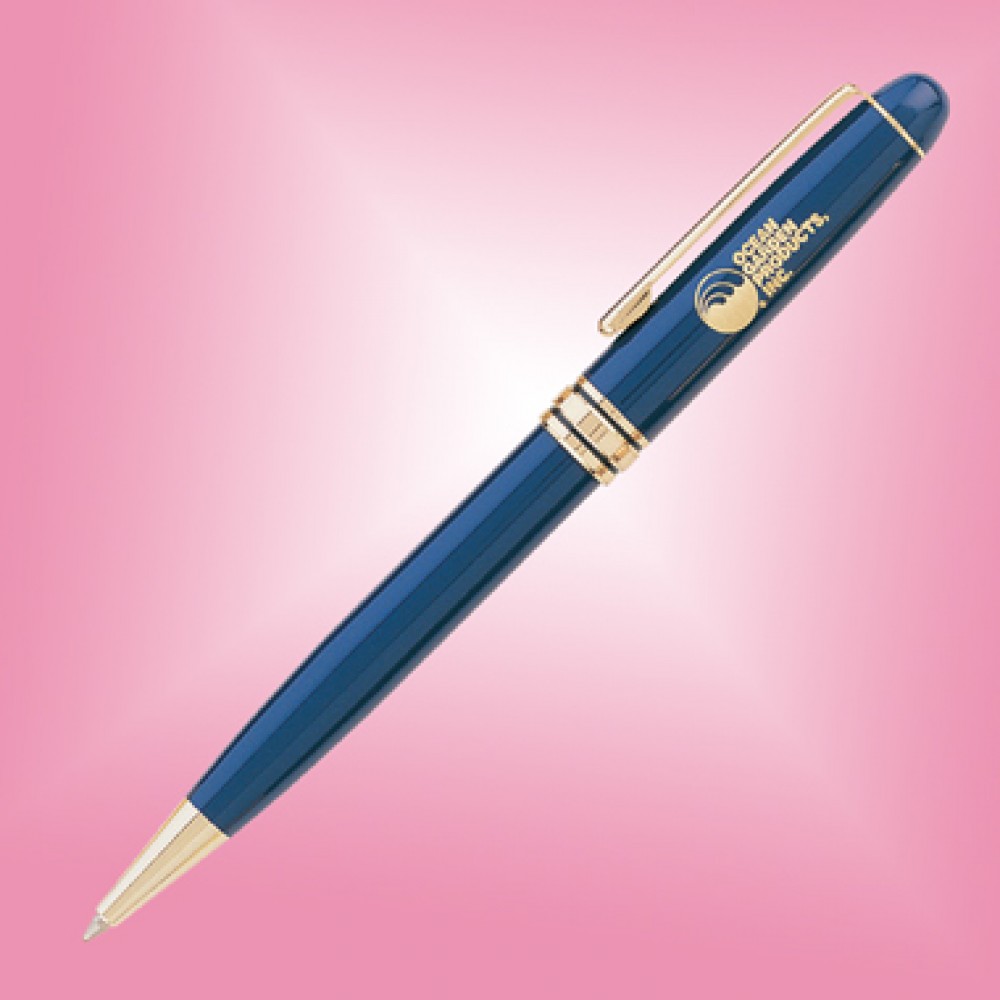 Ebony Brass Ball Point Pen - Blue w/Gold Accent Logo Branded
